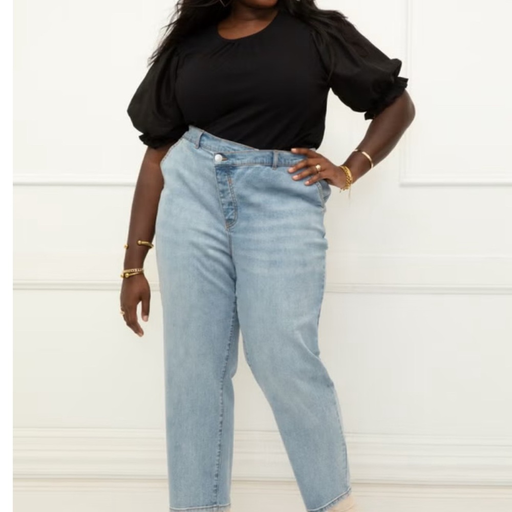 Eloquii Blue Ankle Cropped Jeans- Overlap Waist, Relaxed Fit